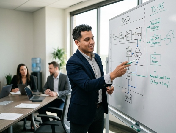 A consultant mapping an as-is to to-be process at a whiteboard