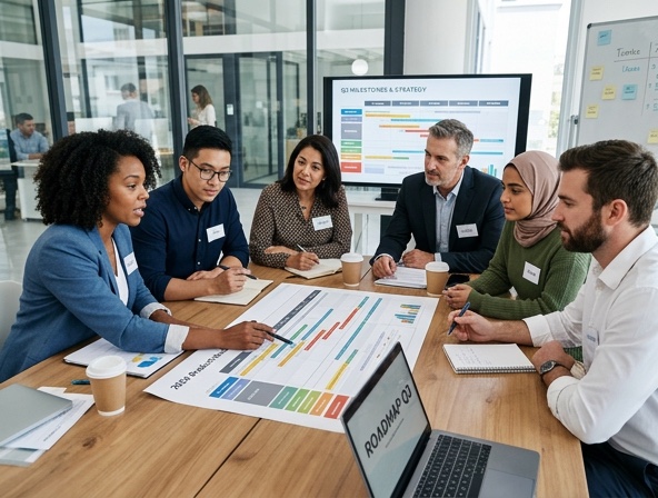 A diverse leadership team reviewing a technology roadmap around a table