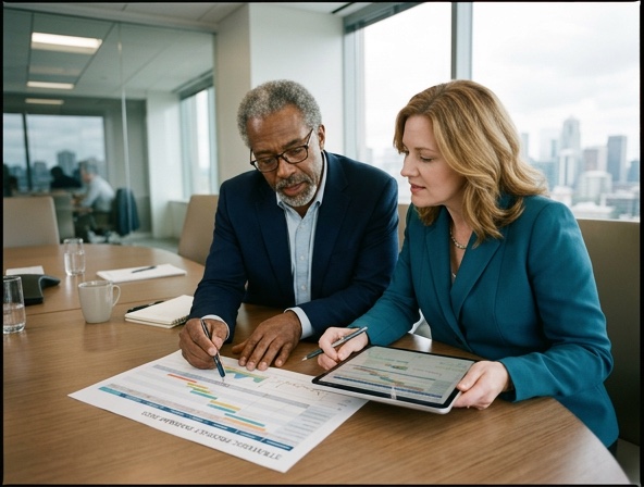 Two advisors reviewing a roadmap on paper and a tablet