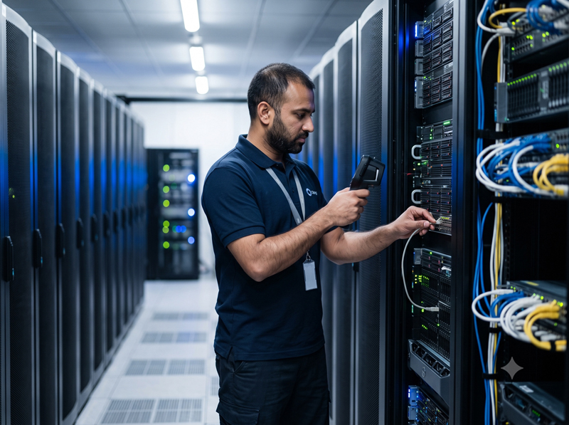 An engineer checking a rack in a data-center aisle