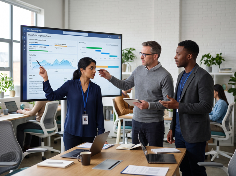 An IPS team reviewing a SharePoint migration dashboard on a large screen