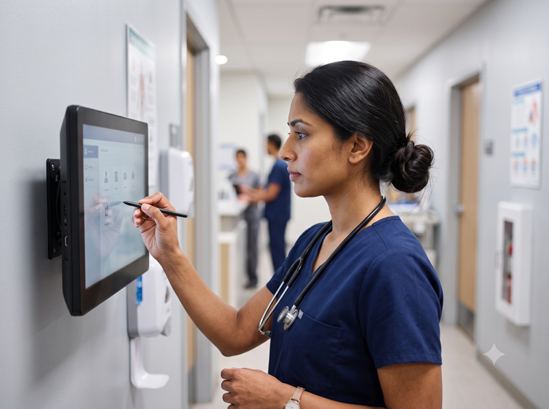 A clinician entering data on a wall-mounted EHR screen