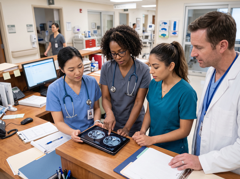 A care team reviewing imaging on a tablet at a nurses' station