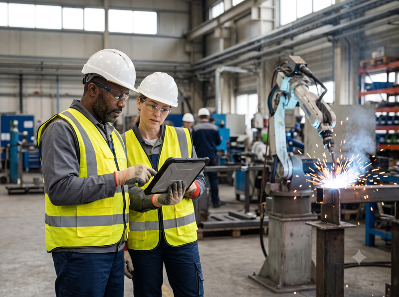 Engineers in safety gear reviewing a tablet beside a robotic welding arm