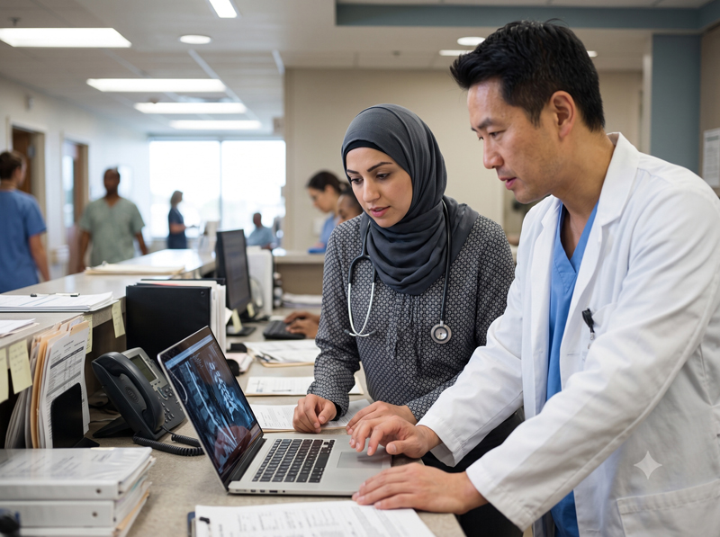 A clinician and physician reviewing imaging on a laptop at a nurses' station