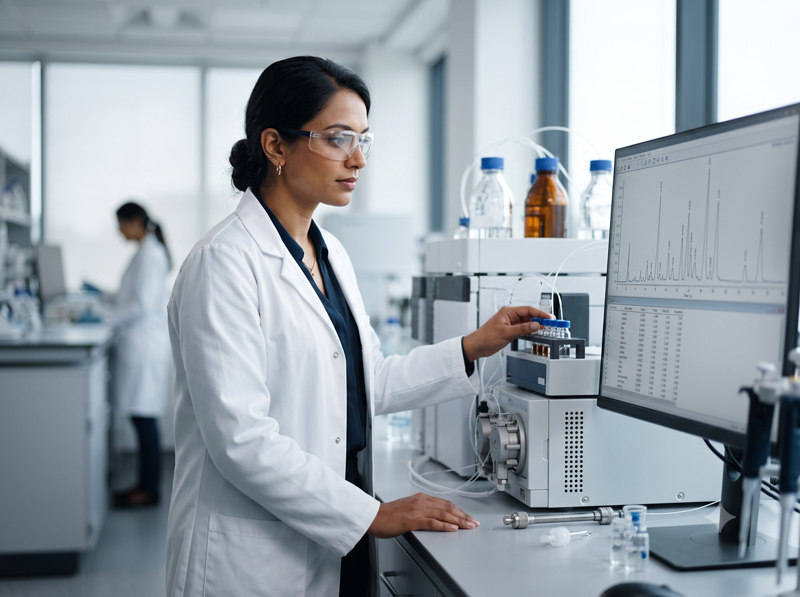 Lab analyst reviewing chromatography data beside testing instruments