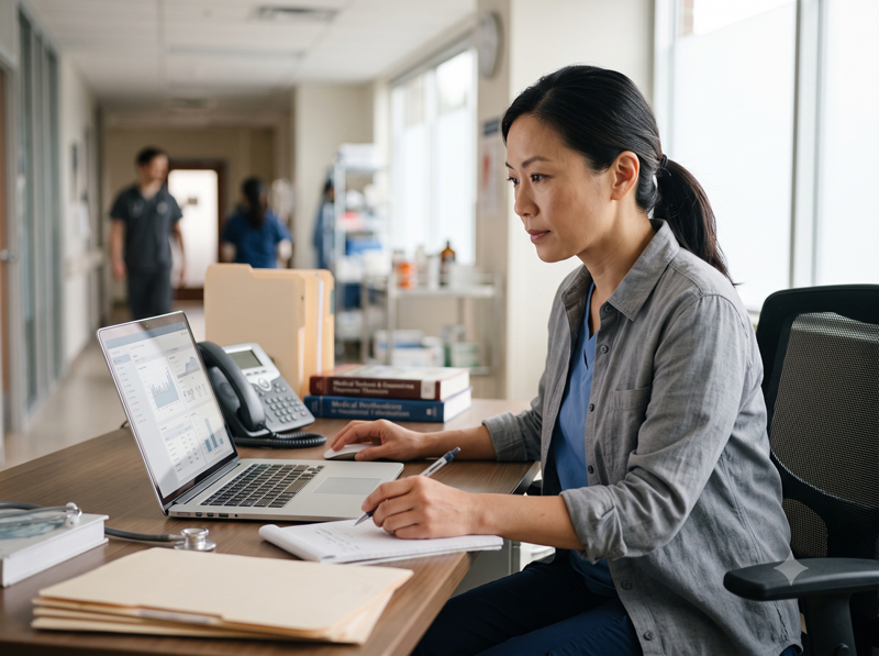 Clinician reviewing a system on a laptop