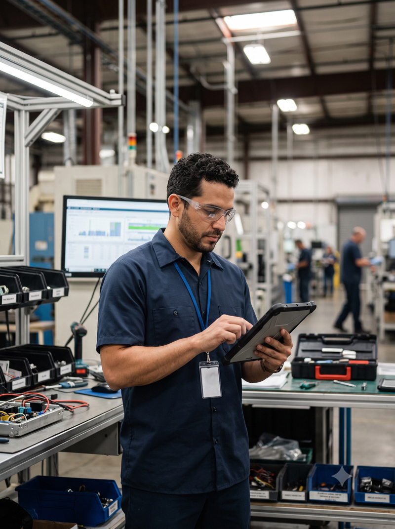 Engineer reviewing a tablet on a manufacturing plant floor
