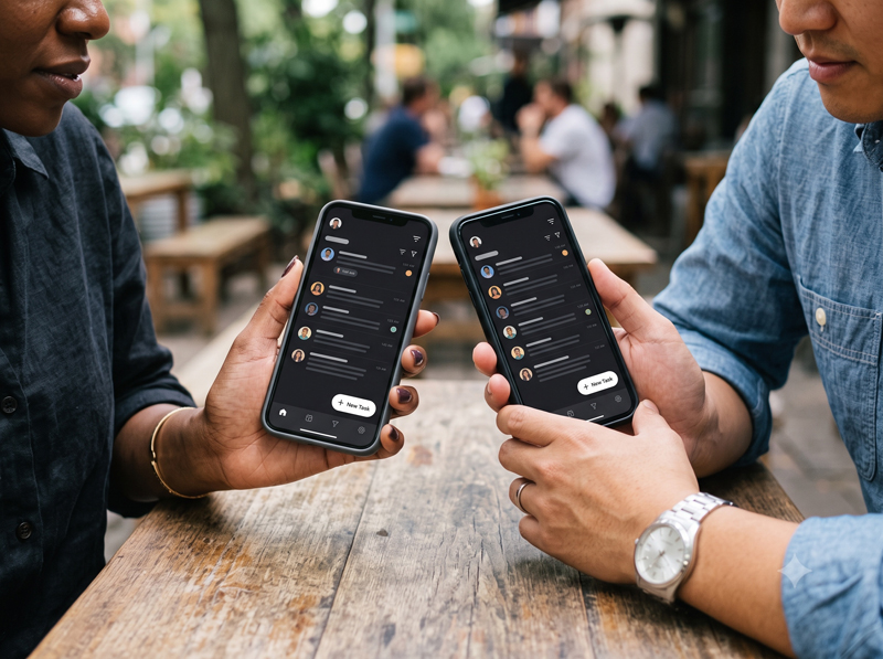 Two people comparing the same app UI on their phones