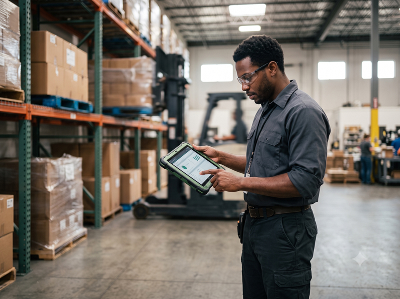 A field technician using a rugged tablet in a warehouse