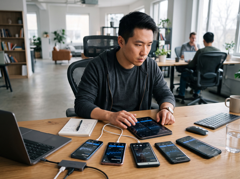 A developer testing an app across several devices