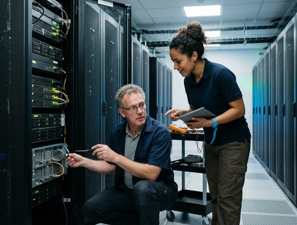 Engineers servicing equipment in a server room