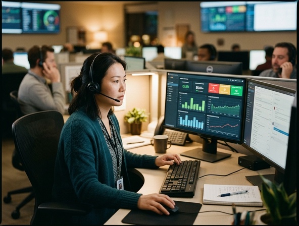 A support engineer at a monitoring desk with a headset