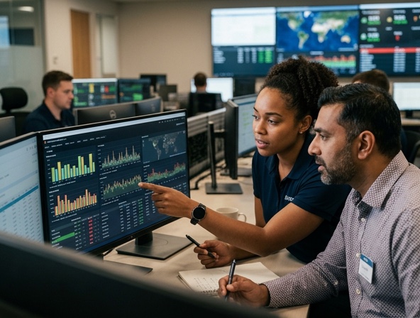 A support pair reviewing a monitoring dashboard together