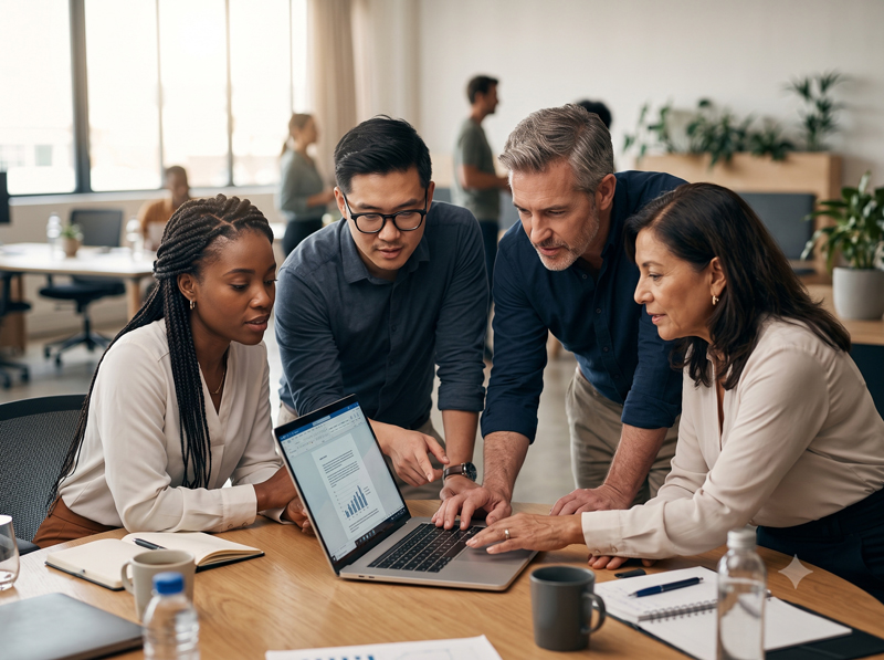A diverse team collaborating over a shared document on a laptop