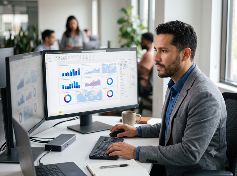 An analyst building a Power BI dashboard on a widescreen monitor