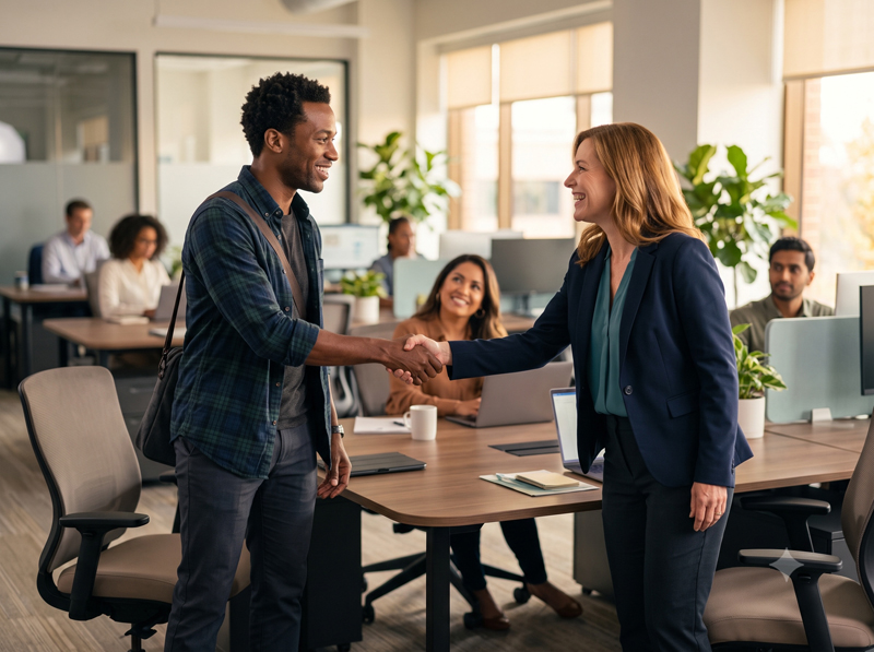 A new team member welcomed with a handshake