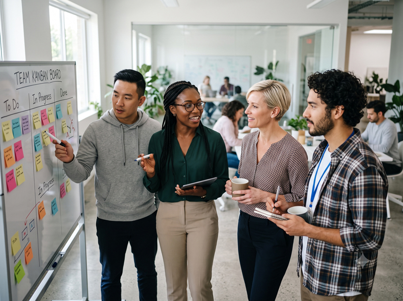 A diverse core team at a standup around a board