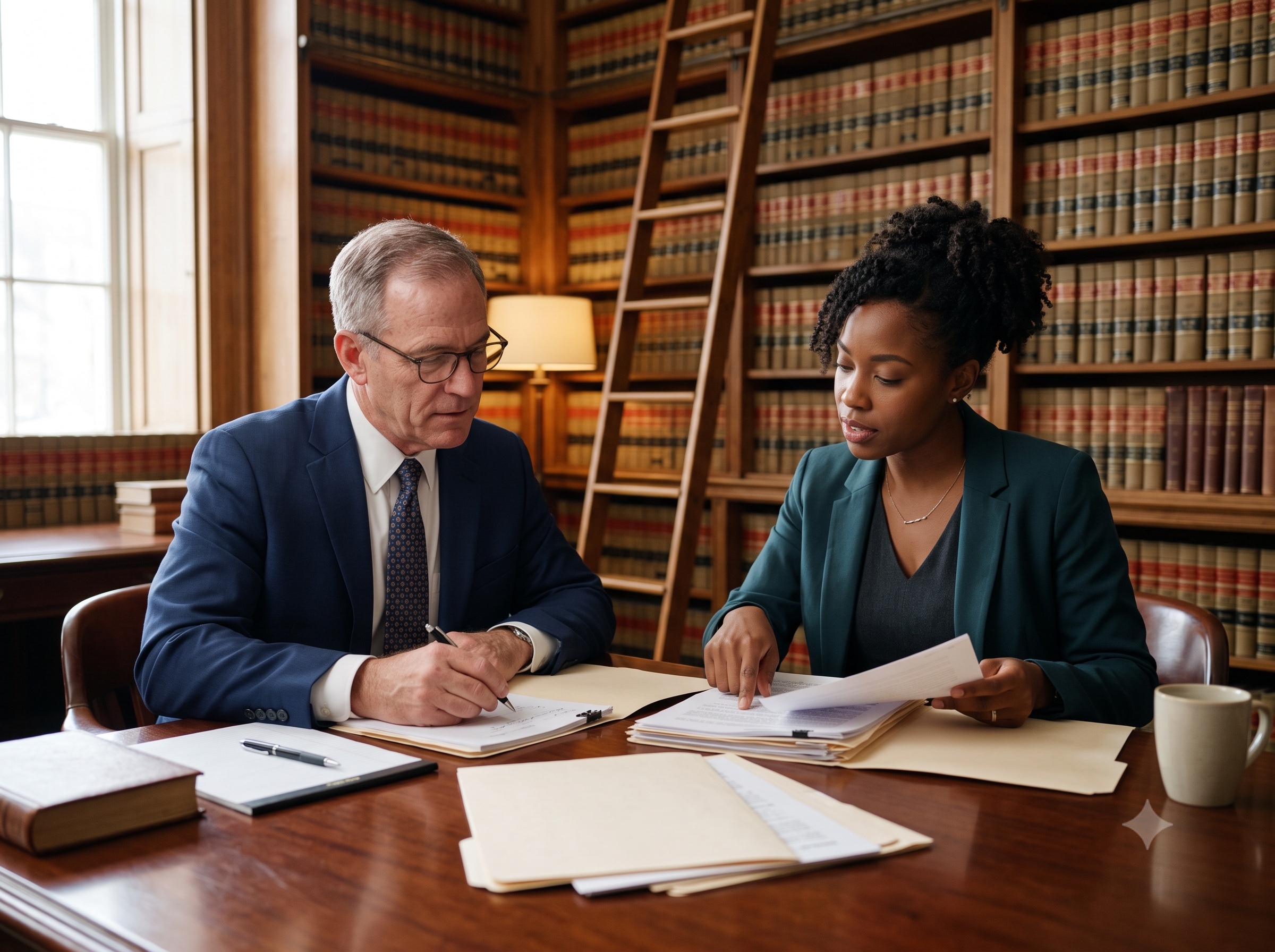 Two professionals reviewing documents in a government office