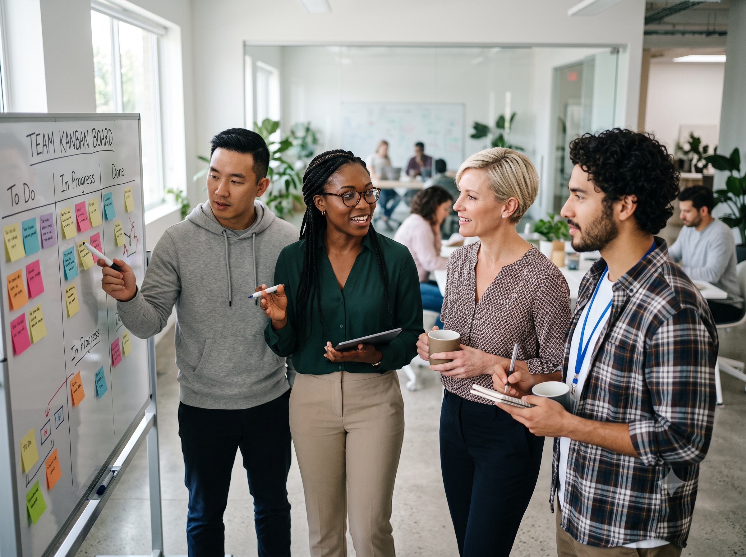 A diverse enterprise team collaborating around a board